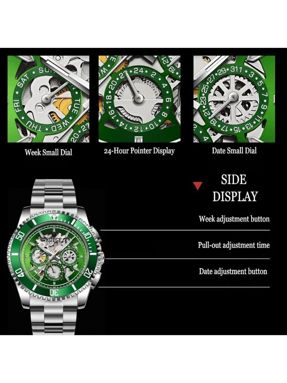Men's Green Automatic Skeleton 43mm Mechanical Luminous Stainless Steel Watch